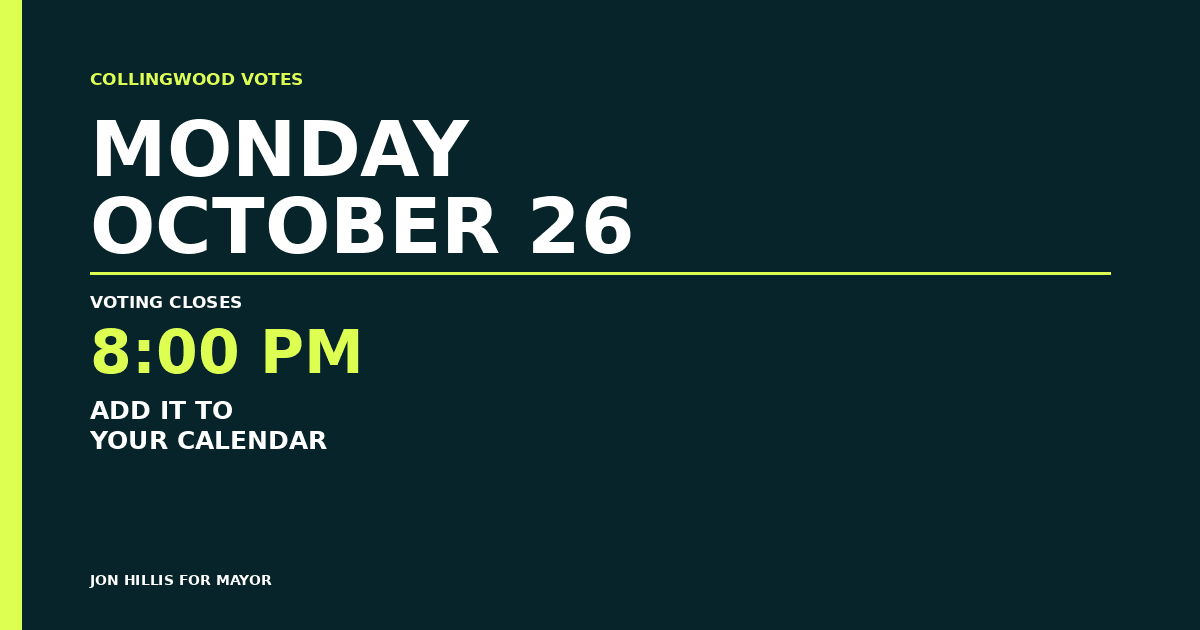 Link preview graphic, 1200 × 630: Collingwood votes Monday October 26, voting closes 8 PM.