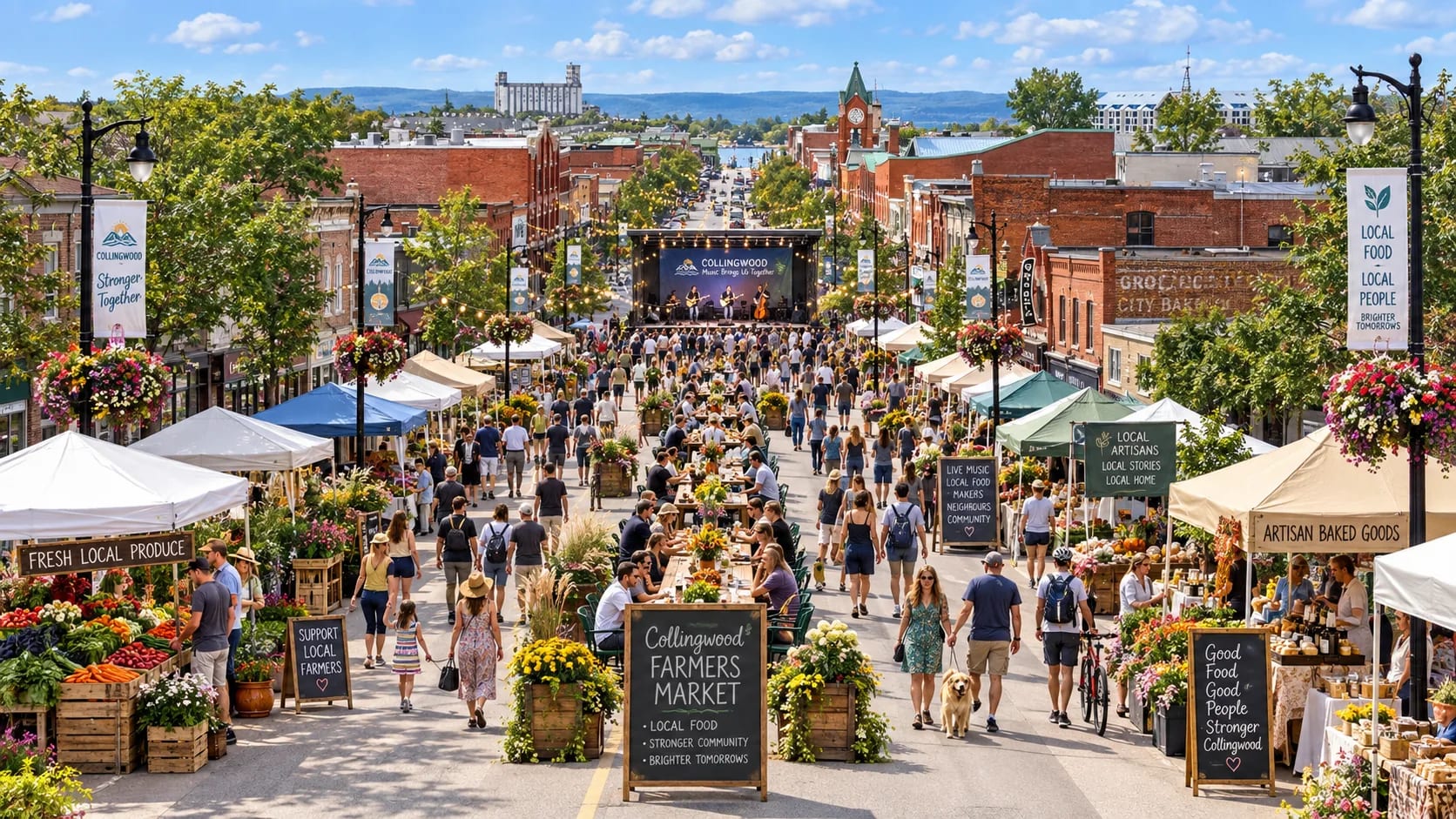 The main street closed to cars for the weekend, market tents down the middle of it and the bay and the terminals at the far end.