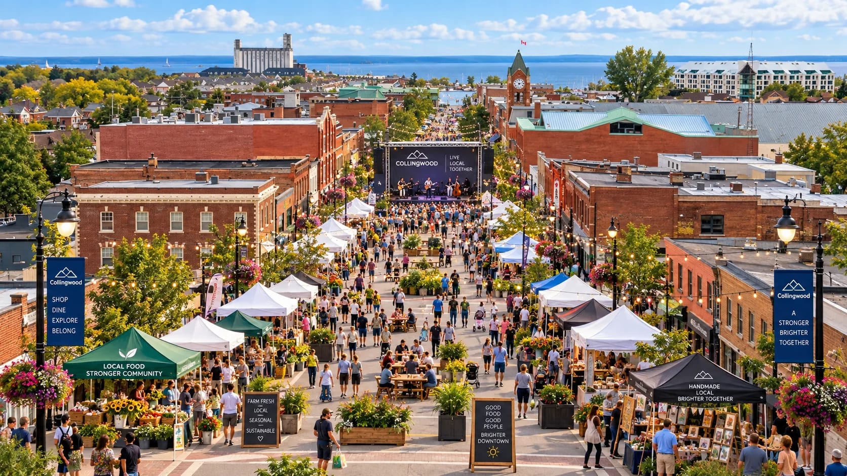 The same weekend market seen from the rooftops, crowds filling the street between the downtown blocks with the harbour beyond.