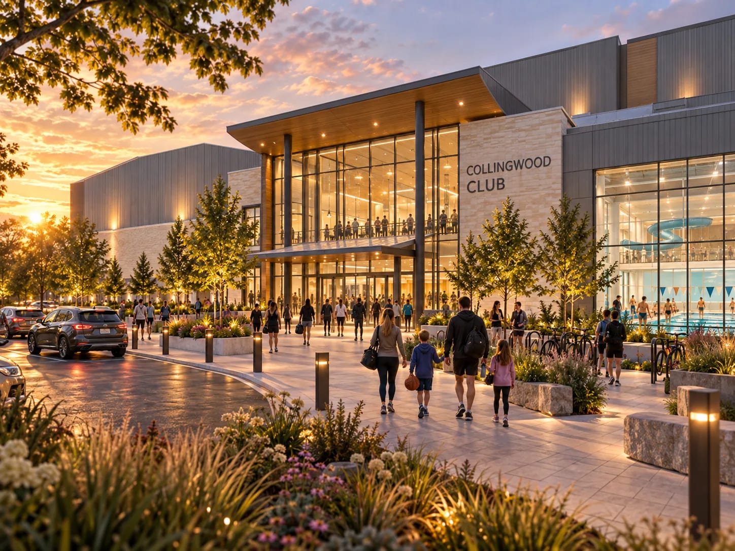 The main doors at sunset, families walking up through the forecourt planting, with the pool visible through the glass.