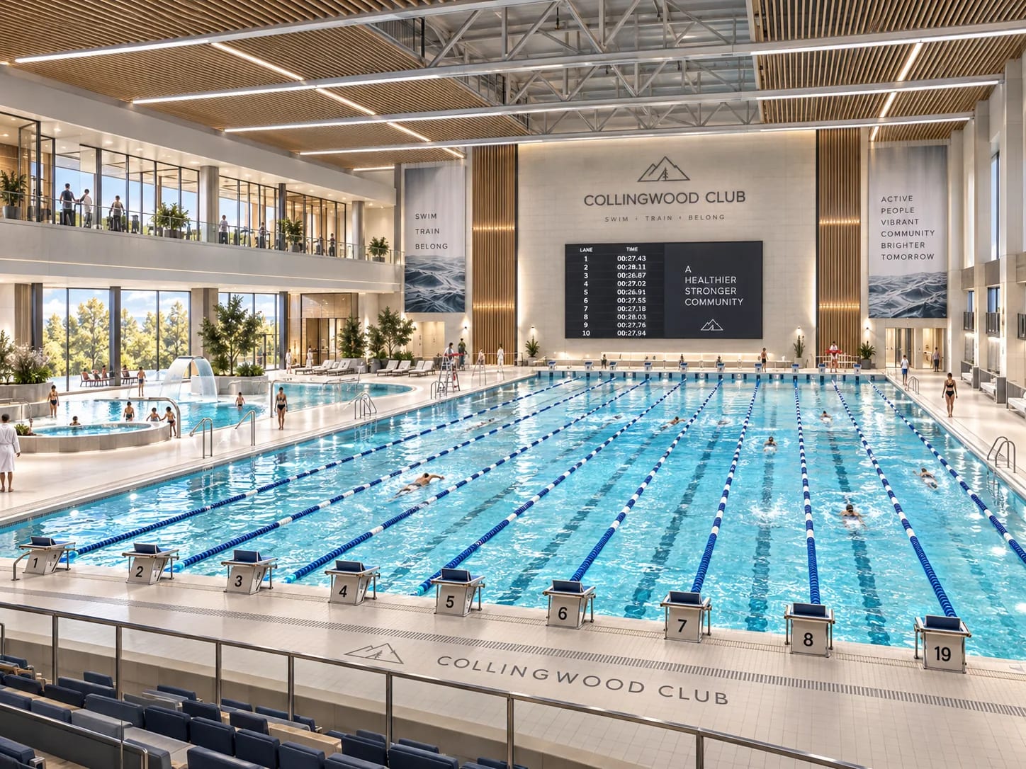 The same aquatic centre seen down the length of the lanes, with the fitness mezzanine looking out over the water.