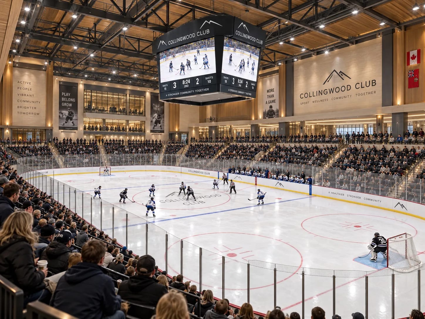 The same rink from behind the glass, close enough to see the crowd along the boards and the scoreboard overhead.