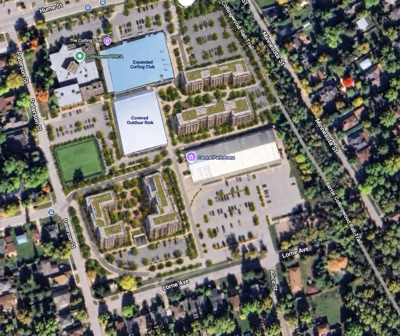 An aerial plan of the Central Park lands showing where a YMCA, an expanded curling club, a covered outdoor rink and green-roof apartments would sit.