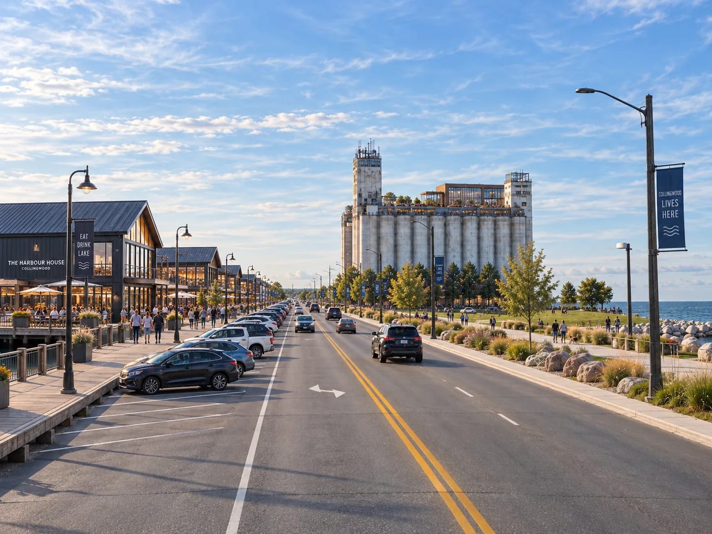 A waterfront streetscape — a row of harbour-front buildings, a boardwalk beside them and the terminals closing the view at the end of the road.