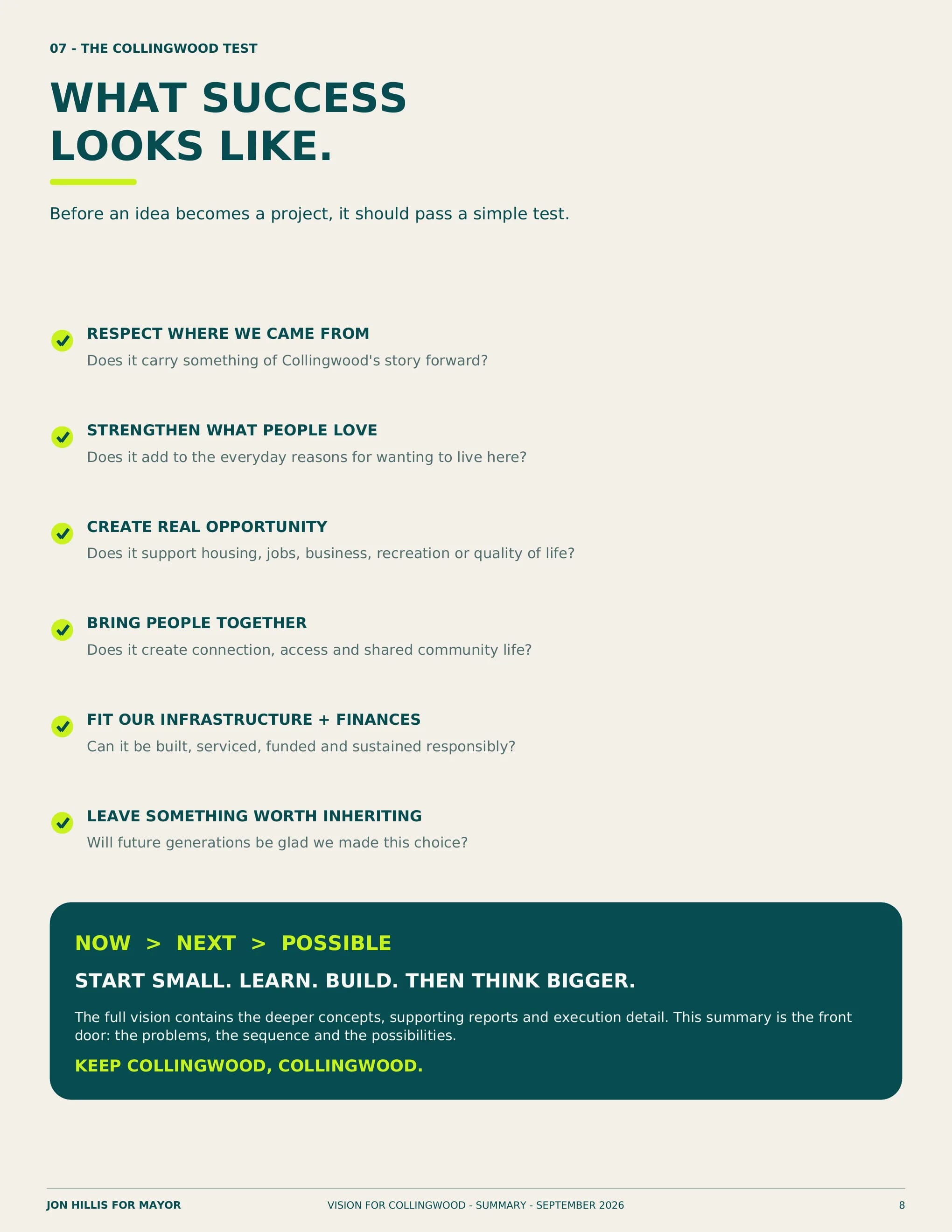 The Collingwood test — page 8 of 8 of the Vision for Collingwood summary