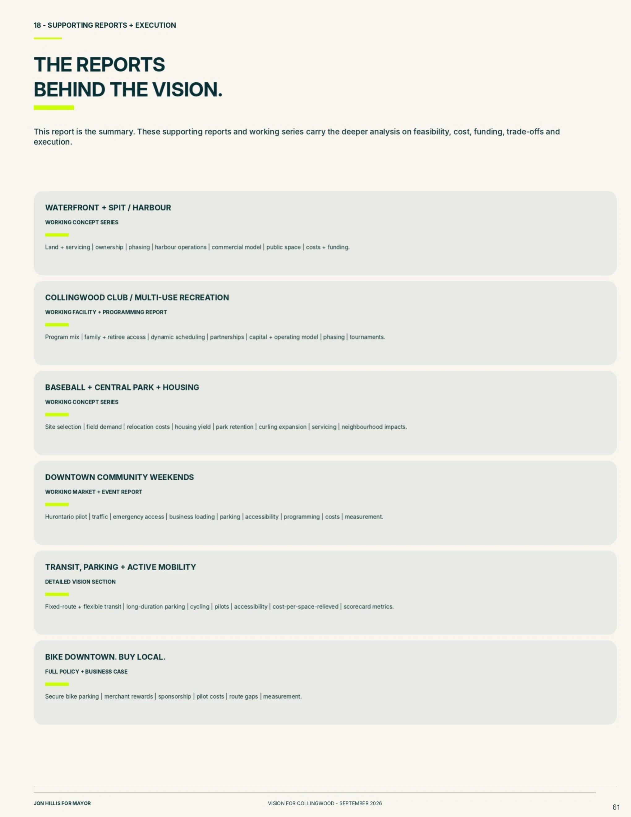 Supporting reports + execution — page 61 of 62 of the Vision for Collingwood