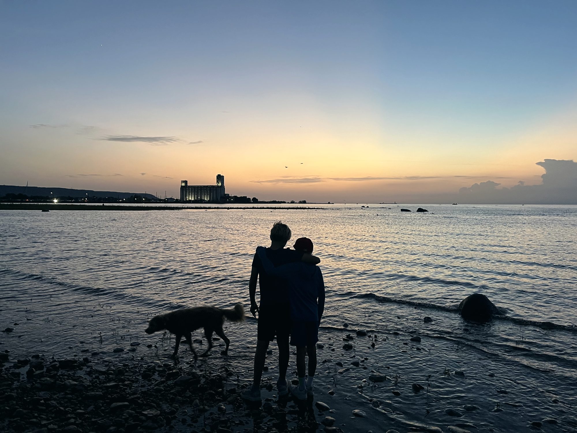 Two boys and their dog on the shore at dusk, the Terminals behind them.